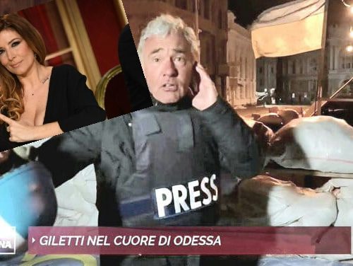 Giletti in prima linea da Odessa racconta la guerra vera. La Lucarelli invece dalla sua brandina di Milano, tra un whattsapp all’amico e una permanente, gli dà “lezioni di giornalismo”